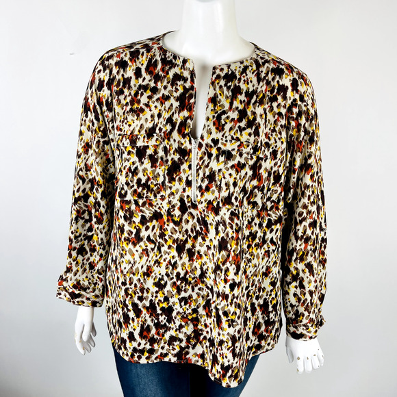 Valerie Stevens Womans Sz 2X Plus Blouse Brown Long Sleeve V Neck Animal - Picture 2 of 9